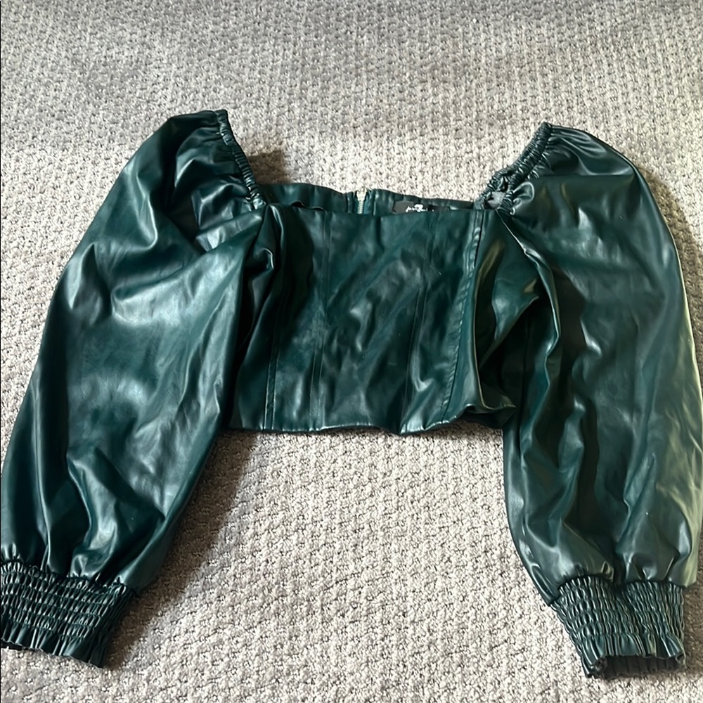 7 For All Mankind Dark Jade Faux Leather Puff Sleeve Crop Top With Smocked Back